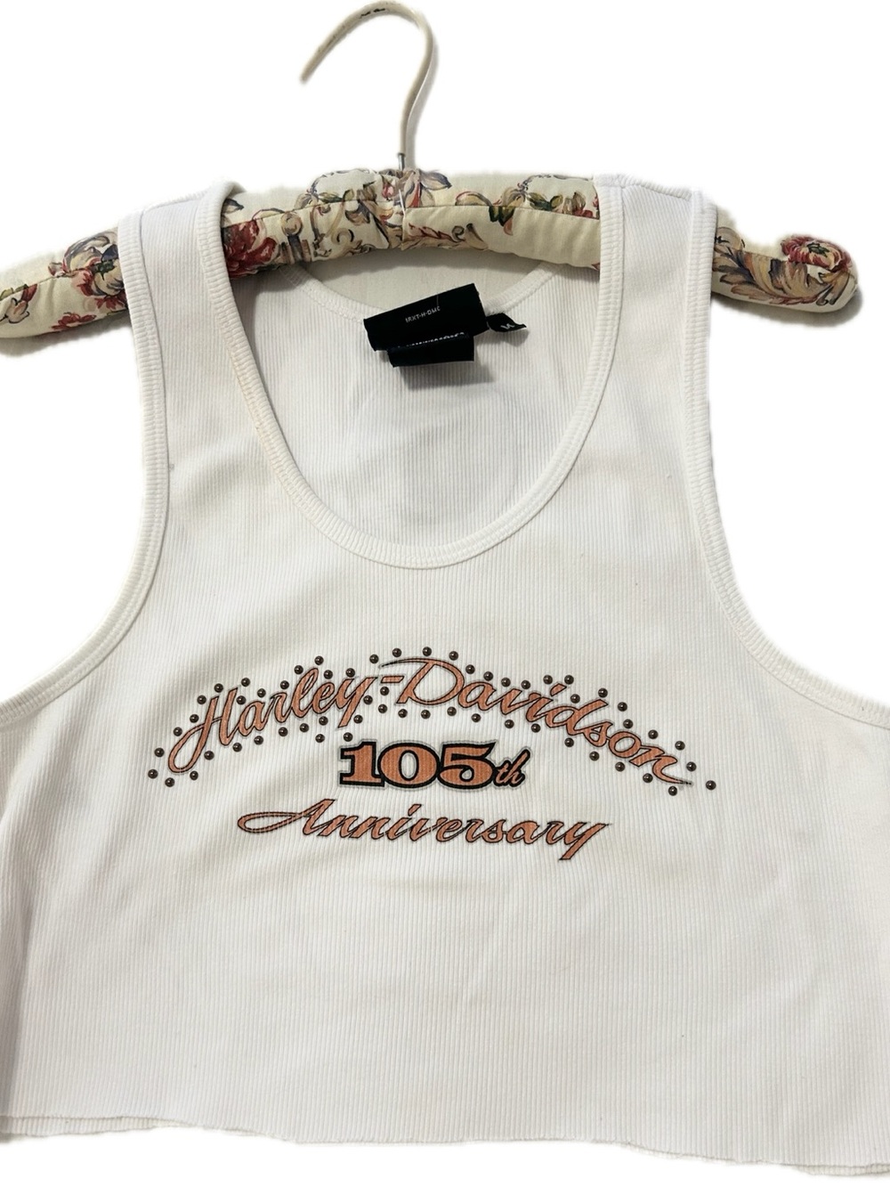 Harley-Davidson White Cropped Tank with Brown and Orange Embroidery vintage